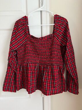 Old Navy Red & Black Tartan Plaid Long Sleeve Peplum Smocked Top XL